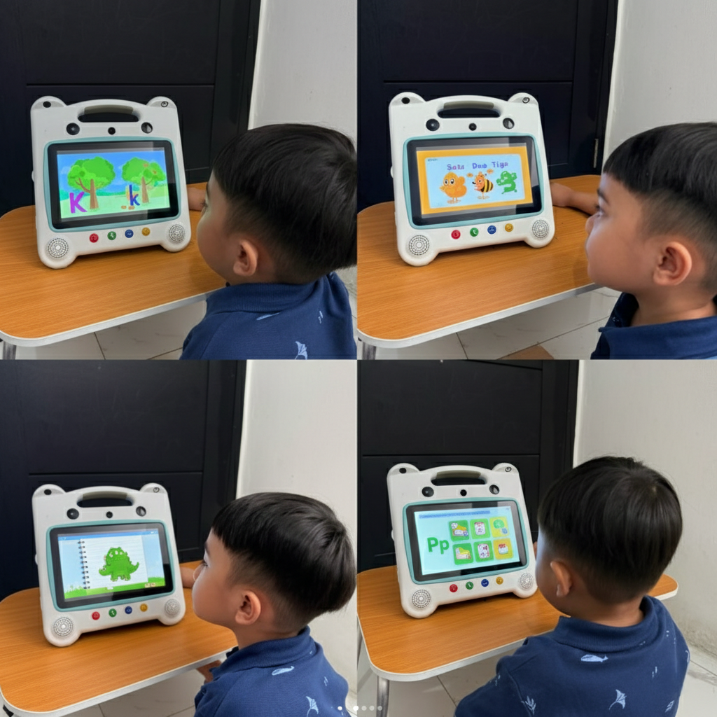 Anak usia dini sedang fokus belajar bersama Wink.